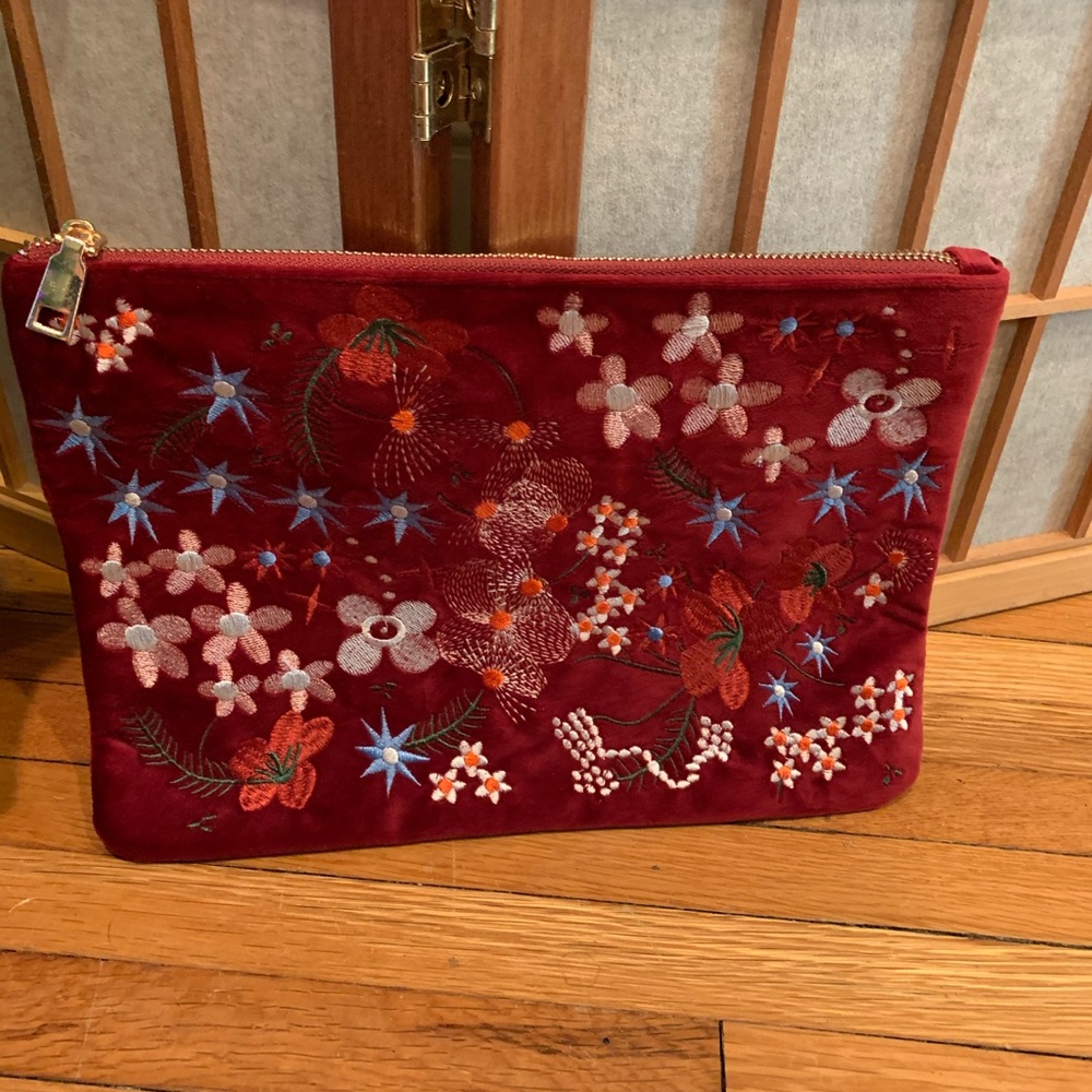 Burgundy Velvet Embroidered Clutch Purse
